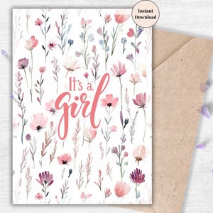 It’s a Girl Wildflower Card – Soft Pink Floral Baby Girl Announcement for Baby Shower or Gift Note for Future Parents, New Mom, New Dad