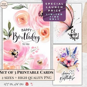 Cartões de Aniversário Florais Elegantes | Cartão de Feliz Aniversário para Imprimir | Borboletas e Peônias em Aquarela | Saudação Digital para Mulheres | Flores de Jardim