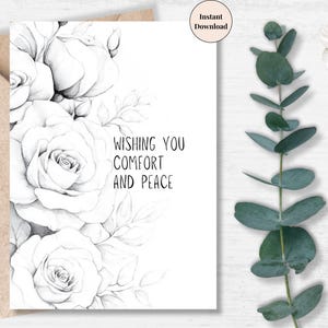 Carte de condoléances imprimable en noir et blanc – Élégante rose en niveaux de gris de condoléances pour la perte, téléchargement numérique minimaliste | Carte virtuelle Je pense à vous