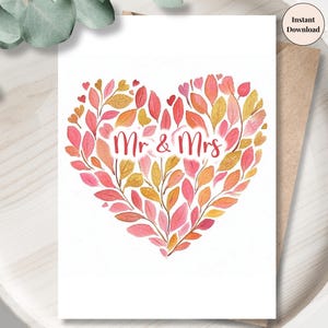 Wedding Day Card - Soft Pink Floral Printable, Elegant Marriage Greeting, Digital Newlywed Gift, Romantic Watercolor Love | Mr & Mrs Heart