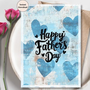 Cartão de Feliz Dia dos Pais – Corações Azuis Grunge para Imprimir, Cartão Digital Artístico Ousado para o Pai, Presente Legal para o Dia dos Pais | Te Amo Papai