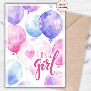 It’s a Girl Watercolor Balloon Card – Soft Pastel Pink and Purple Printable for Baby Announcement or Shower | Congratulation for New Parents