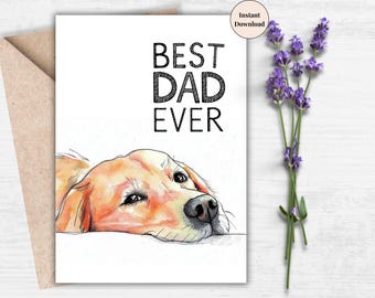 Best Dad Ever Dog Card – Cute Watercolor Pet Card, Printable Fathers Day Card, Digital Download, Adorable Dog Illustration from Kids or Wife