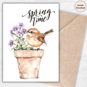Tarjeta de pájaro primaveral / Imprimible de pájaro lindo / Saludo natural / Arte digital / Tarjeta de Pascua / Descarga floral instantánea / Regalo de jardín vintage