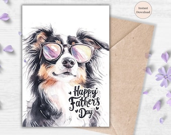 Puede incluir: Una ilustración de acuarela de un perro con gafas de sol con el texto "Happy Father's Day" sobre un fondo blanco.