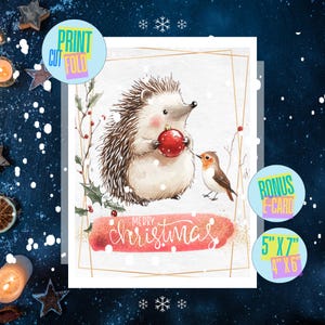 Cartão Aquarela Ouriço e Robin de Natal | Saudação de Natal com Animais da Floresta | Cartão eletrônico PDF PNG para impressão | Cartão eletrônico de Natal | Saudação de Natal