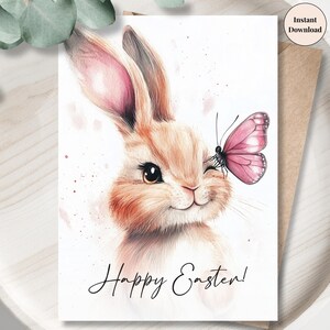 Cute Easter Bunny with Butterfly - Watercolor Rabbit Card, Happy Easter Printable, Spring Holiday Greeting, Instant Download | Print at home