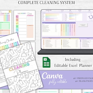 May include: A complete cleaning system digital planner set featuring a laptop displaying an Excel spreadsheet, printed checklists, and a cover page with the text Cleaning Planner and illustrations of household cleaning tools and appliances.