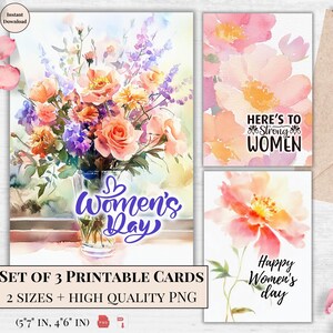 Elegantes tarjetas imprimibles para el Día de la Mujer: ramo de flores en acuarela, pasteles suaves, regalo empoderador y perfecto para mujeres fuertes e inspiradoras, mamás y esposas.