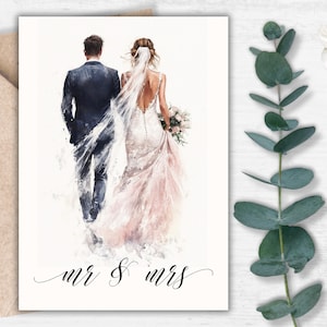 Elegant Mr & Mrs Wedding Card – Watercolor Bride Groom Illustration, Digital Newlywed Greeting, Instant Download, Modern E-Card, Unique Wed