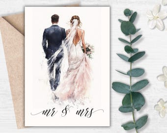 Elegant Mr & Mrs Wedding Card – Watercolor Bride Groom Illustration, Digital Newlywed Greeting, Instant Download, Modern E-Card, Unique Wed