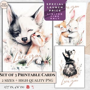 Paquete de 3 diseños de tarjetas de felicitación de San Valentín para imprimir en acuarela / Linda tarjeta electrónica con animales enamorados en acuarela / Descarga digital / Diseño suave en tonos pastel