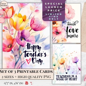 Cartes de remerciement aquarelles pour professeurs - Bonne fête des enseignants, Enseignez l'amour, inspirez, Enseigner est une oeuvre de coeur - Cadeau floral à imprimer