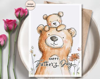Watercolor Papa Bear Father's Day Card (Digital Download)