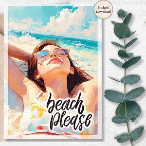 Beach Please Girl Card – Retro Summer Woman in Sunglasses | Bold Printable Greeting for Fun Sunny Days | Peaceful Beach Lover Gift Card