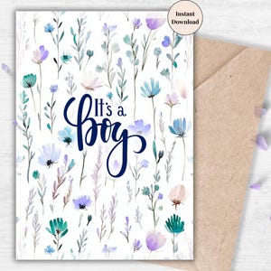 It’s a Boy Wildflower Printable – Gentle Blue Floral Card for Baby Boy Announcement or Gender Reveal | Instant Download for Future Parents