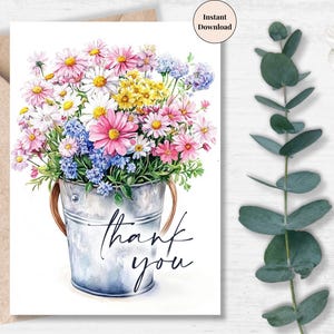 Printable Daisy Thank You Card – Rustic Watercolor Bucket Bouquet Note for Gardener, Friend, Loved One, or Events | Thoughtful Gift for Her