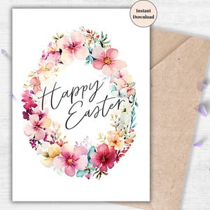 Floral Easter Egg Card Printable | Watercolor Spring Wreath Digital Download | Elegant Happy Easter Greeting for Friend, Family | Easter PNG
