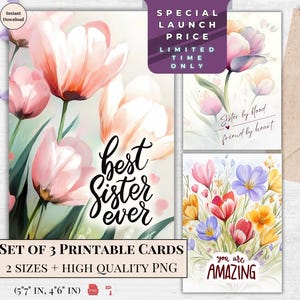 Schwester durch Blut, Freund durch Herz Printable Card Set | Sofortiger Download digitale Grußkarten | Niedliche Pastell Blumen Schwester Geschenkidee | Blume