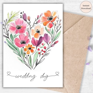 Melhor cartão de dia de casamento - Elegante impressão floral em forma de coração, saudação de amor digital romântica, presente de recém-casado em aquarela, download instantâneo