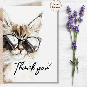 Stylish Cat Thank You Card – Printable Cool Kitty in Sunglasses Greeting for Friend, Family, Pet Sitter, Coworker or Animal Lovers, Cool Cat