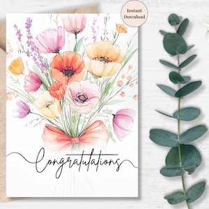 Poppy Bouquet Congratulations Card – Bright Watercolor Printable for Graduations and Celebrations | Congrats to Him or Her, Friends & Family