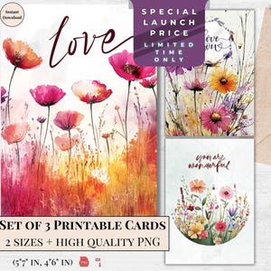 Tarjetas de felicitación con acuarela: juego de 3 imprimibles con el mensaje "Love" / Diseños de prados de flores silvestres / Descarga digital instantánea / Tarjeta electrónica "Eres maravilloso"