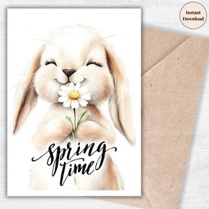Lapin mignon tenant une marguerite - carte de voeux de Pâques printanière - carte de Pâques imprimable pour maman, grand-mère, enfants, fille, belle-mère, ami