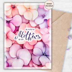 Soft Pink Hydrangea Petal Card – Happy Mother’s Day Printable with Blush and Violet Petals, Ideal for Feminine and Sweet Mom Gifts, Grandma