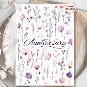 Carte d'anniversaire avec fleurs sauvages pastel – voeux numérique imprimable pour femme ou partenaire, design romantique inspiré du champ | Motif simple