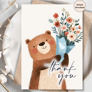 Bär mit Blumen als Dankkarte - druckbarer niedlicher Tiergruß für Kinder, Freunde, Familie, Lehrer oder Mitarbeiter | Durchdachtes Geschenk