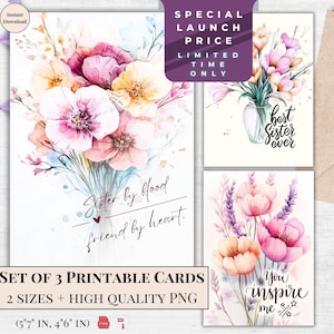 Meilleures cartes imprimables Sister | Set de voeux numérique floral | Cadeau d'anniversaire bien pensé pour soeur, téléchargement immédiat | Lavande pastel fleurs sauvages