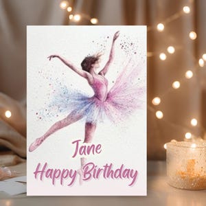 Personalisierte Geburtstag E-Card Aquarell Vorlage für Canva | Bearbeitbare Karte mit persönlichen Notizen und Fotos | Aquarell Ballerina Karte