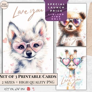 Afdrukbare Valentijnskaarten met aquarellen Bundel van 3 ontwerpen | Ecard met schattige dierenhartzonnebril Giraffe Bear Wolf | Digitale download
