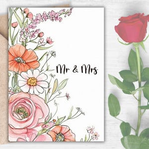 Mr & Mrs Floral Wedding Card - Delicate Botanical Printable, Elegant Love Greeting, Soft Watercolor Marriage Gift, Digital Newlywed Keepsake