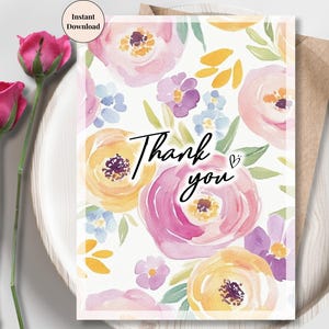 Colorful Watercolor Thank You Card – Printable Pastel Floral Design for Co-worker, Friend, Neighbor, Teacher or Everyday Gratitude for Her