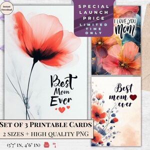 Ensemble de cartes imprimables Meilleure maman de tous les temps - Cartes numériques florales pour la fête des Mères - Cadeau je t'aime pour maman - Cartes de voeux aquarelle à téléchargement immédiat pour maman