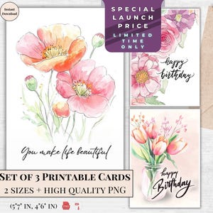 Elegant Watercolor Birthday Card Set | Soft Floral Printable Greeting Cards | Romantic Hand-Painted Flowers | Instant Digital Download Hers