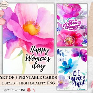 Conjunto de cartões para impressão de Feliz Dia da Mulher – saudação floral em aquarela, mensagens de empoderamento, download digital, presente para mulheres fortes | Dia da mulher