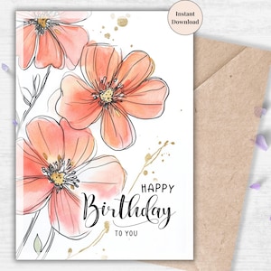Peach Poppy Birthday Card – Elegant Watercolor Greeting with Gold Accents, Floral Birthday Printable for Her, Mom, Wife, Stepmom or Aunt