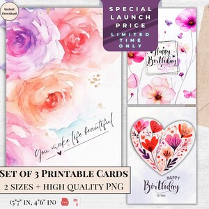 Helle Geburtstagskarte mit Blumen-Herz-Design | Pastell Pfingstrosen, Schmetterling Kunst, druckbares Set von Ecards für Sie | Sofortiger Download E-Cards