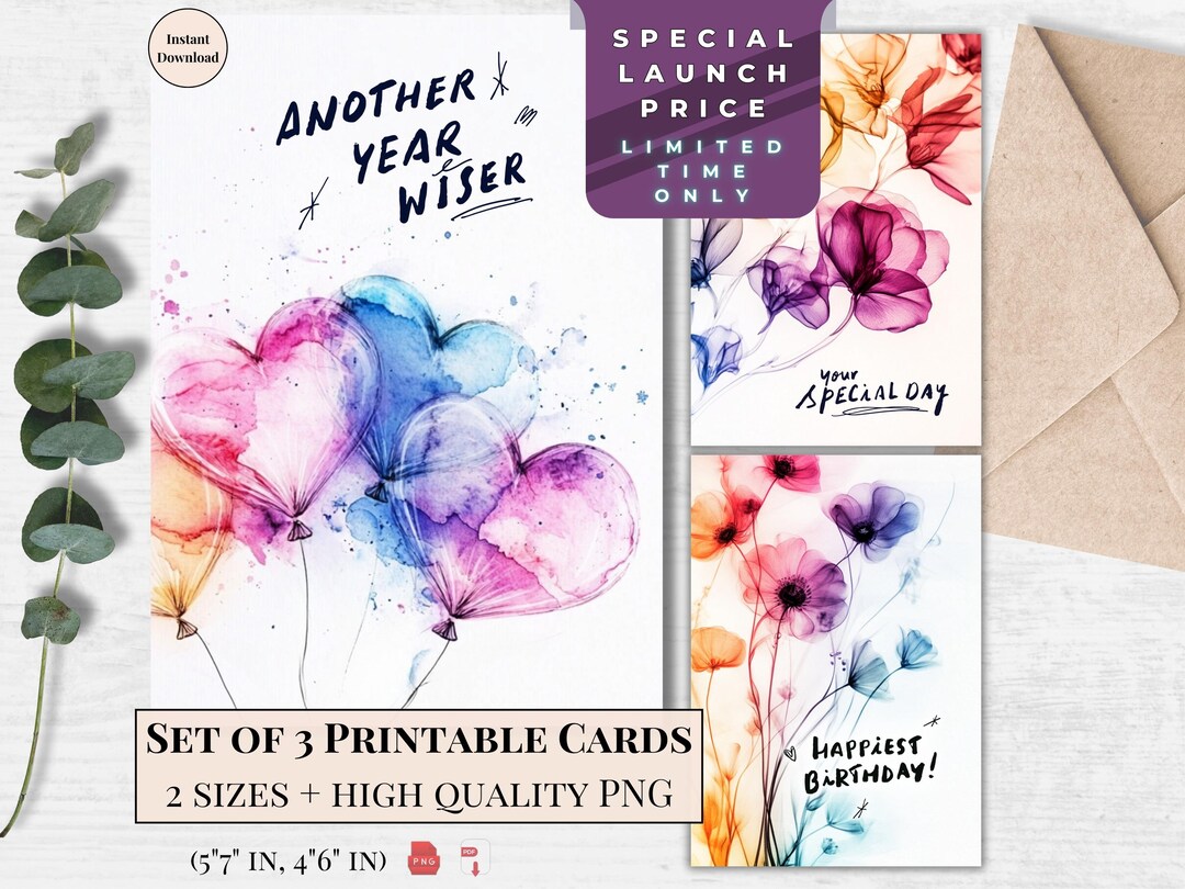 Watercolor Flowers Birthday Card Set: Modern Ink Ecard (digital ...