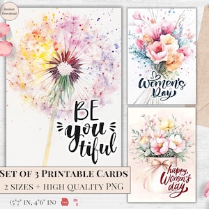 Juego de tarjetas imprimibles para el Día de la Mujer en tonos pastel: diente de león de acuarela, ramo de flores, perfecto para ella, mamá, hermana, amiga, esposa, para la mejor mujer