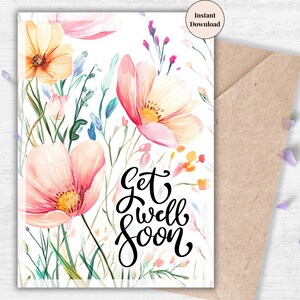 Pastel Poppies Get Well Soon Card – Cheerful Printable for Recovery and Healing | Flower Meadow Design for Wife, Girlfriend, Friend, Family