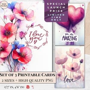 Aquarel wenskaarten - Love afdrukbare set van 3 ontwerpen | Elegante e-card met rode harten en bloemen | Directe digitale download | Rode liefde