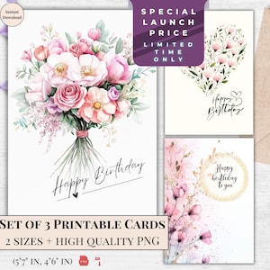 Cartão de aniversário com buquê de flores e design de coração floral | Cartão eletrônico de flores silvestres para impressão para ela | Cartão artístico para amantes da natureza para download instantâneo