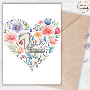Biglietto d'auguri stampabile per il 1° anniversario con design floreale a forma di cuore – Biglietto digitale romantico per lei o per lui, moglie, marito, fidanzata o partner