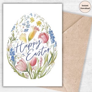 Happy Easter Card Printable - Watercolor Floral Egg, Digital Spring Stationery & Folk Art Greeting - Instant Download | Easter Home Decor