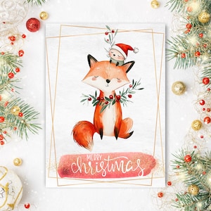 hérisson renard de Noël | E-card d'animaux de la forêt | Vœux de Noël Foxy | Amis mignons des bois | Téléchargement numérique PDF PNG | Carte électronique de Noël