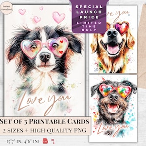 Pacote de cartões de felicitações de dia dos namorados para impressão em aquarela com 3 designs | Cartão eletrônico de aquarela de animais neon legais | Download digital | Design ousado e selvagem